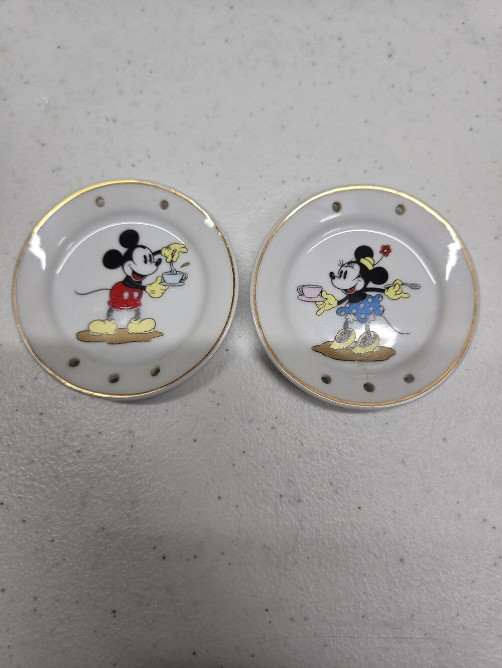 Mickey And Minnie Mouse Minature Plates. 2.75 Inch Diameter. Good Condition.